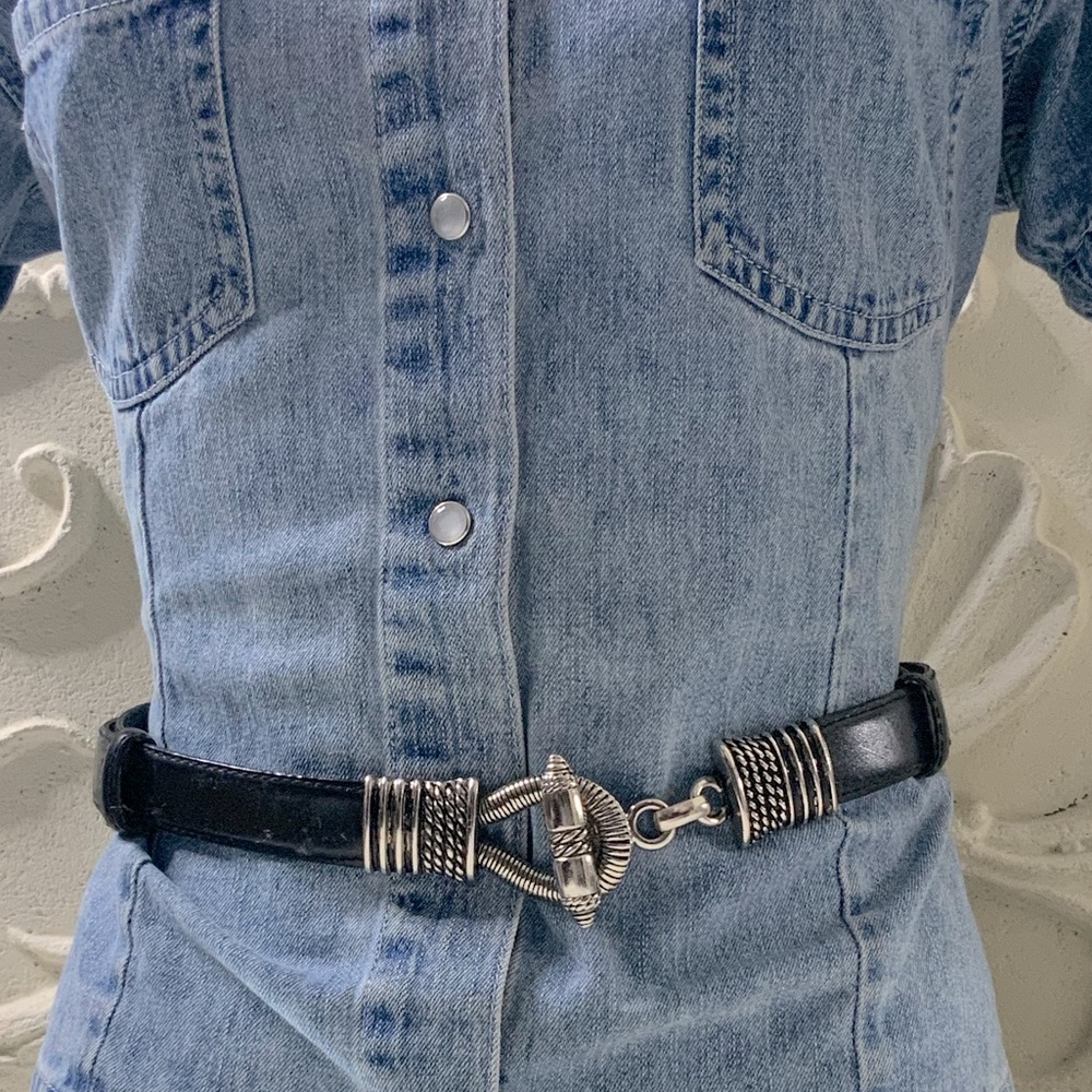 Black Leather Belt w/Toggle style Silver Buckle